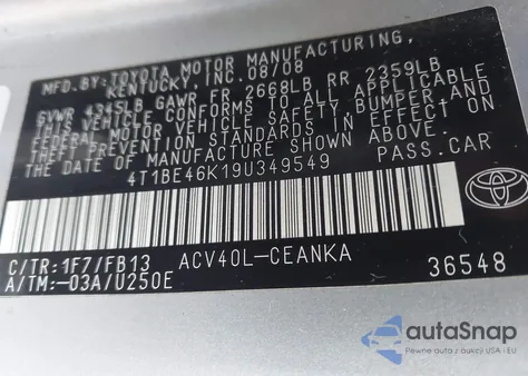 2009 Toyota Camry Le z USA, uszkodzony, nr VIN 4T1BE46K19U349549